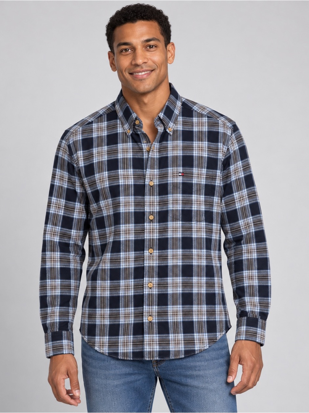 Tommy Hilfiger Men’s Navy Plaid Cotton Button Down Shirt Size L